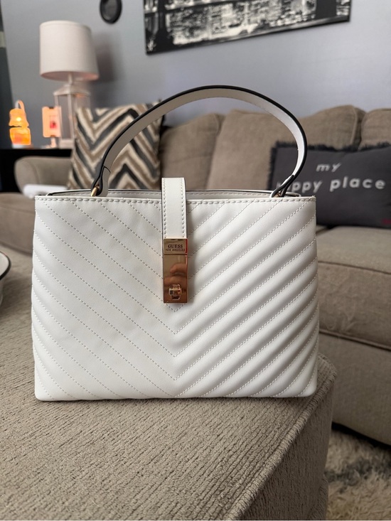 Guess Handbags - GUESS White Quilted Top-Handle Satchel with Gold Accent